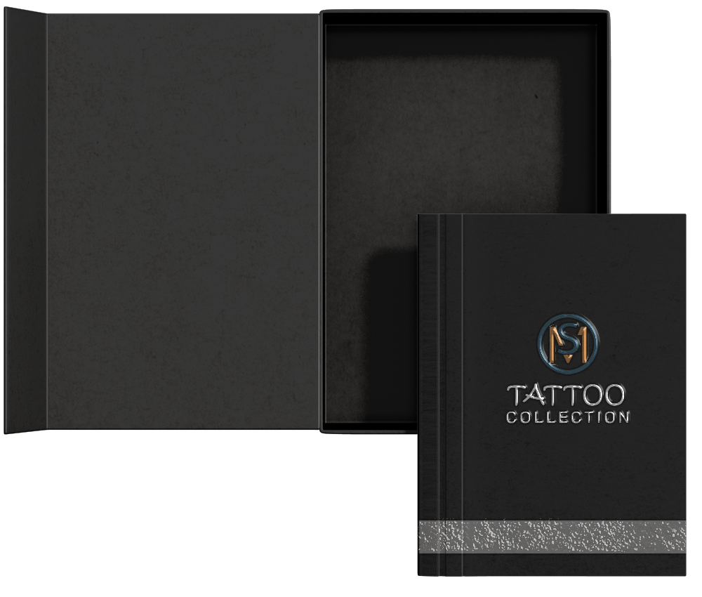 Black book with Markus Sukram Logo and 'Tattoo Collection' as title, outside of its own container box